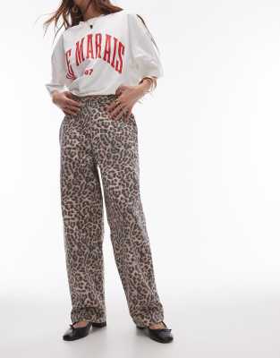Topshop leopard straight leg denim pants in multi