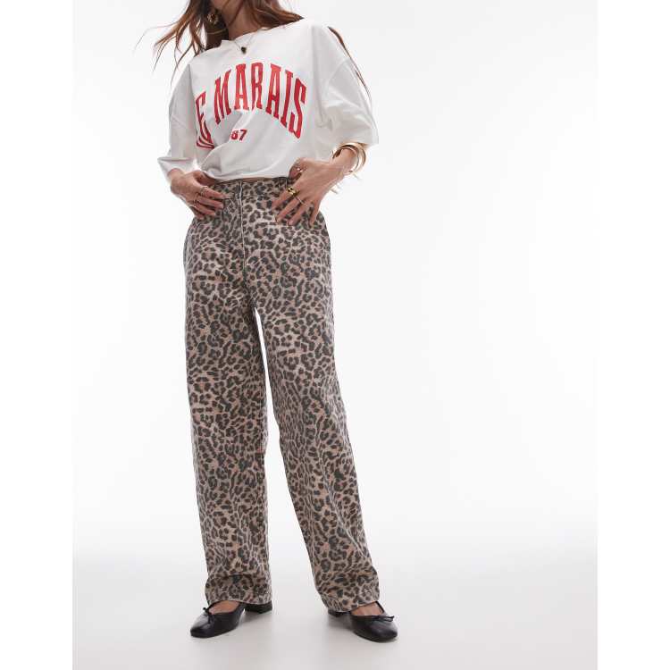 Topshop leopard straight leg denim pants in multi