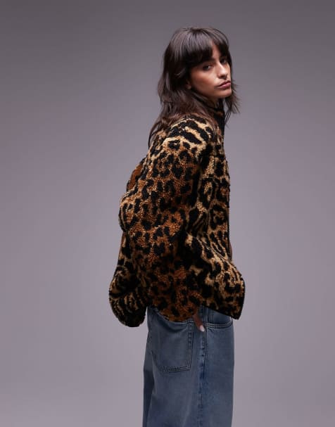 Topshop – Leopardmönstrad, jacquardvävd fleecetröja i teddy - view 1