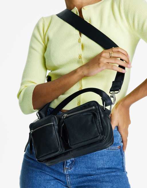 Topshop Leren crossbody tas met meerdere vakken in zwart