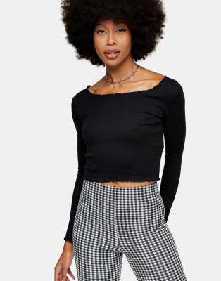 Topshop lettuce edge long sleeve top in black