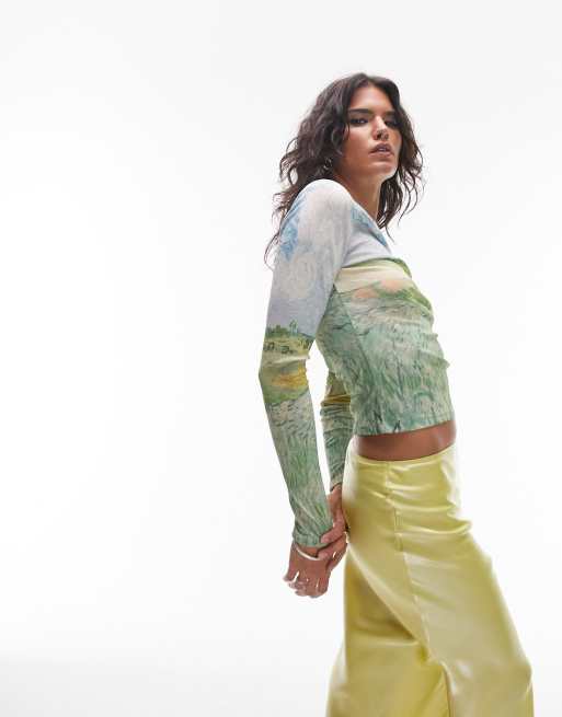 Topshop licence graphic Art Van Gogh long sleeve slash neck mesh top in multi, 4 of 4