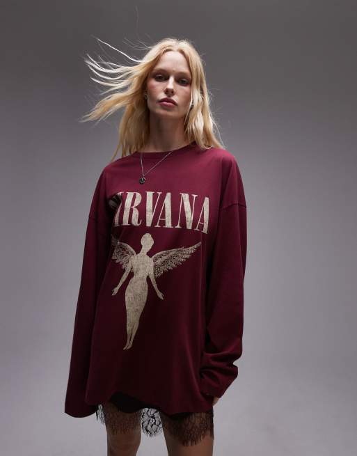 Topshop licence graphic Nirvana long sleeve skater tee in burgundy, 4 of 4