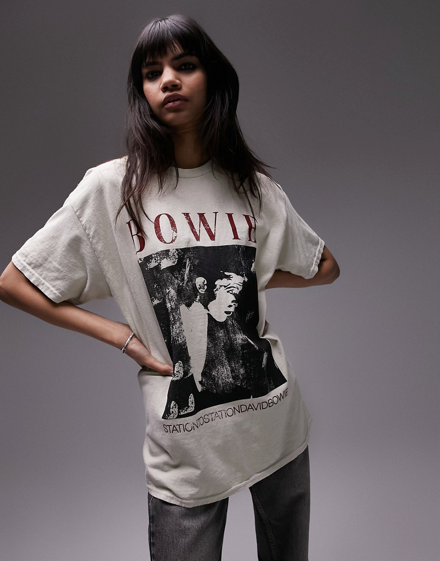 Topshop License Graphic Bowie Oversized Tee In Stone-neutral