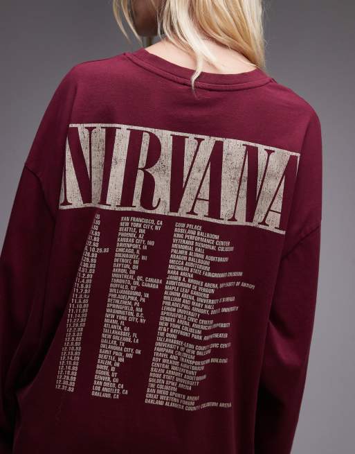 Topshop license graphic Nirvana long sleeve skater in burgundy