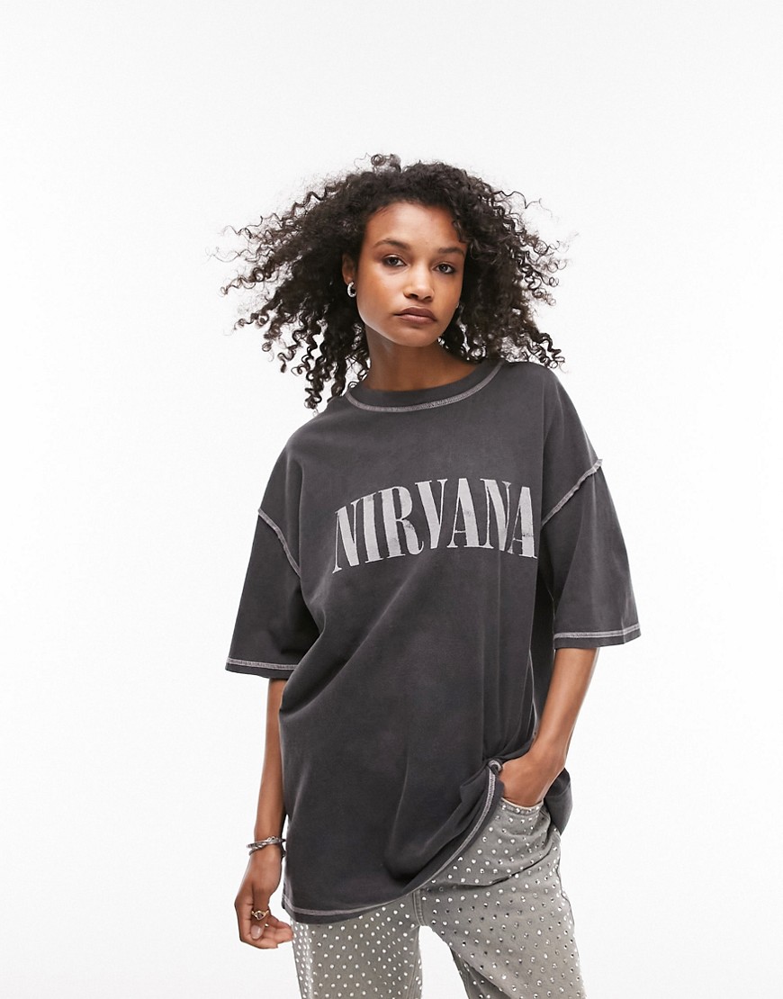 Topshop licensed graphic Nirvana seam detail oversized tee in charcoal-Gray