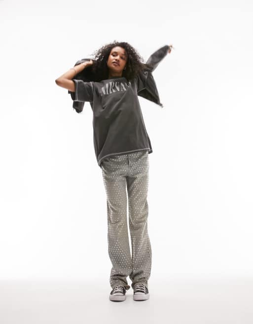Topshop licensed graphic Nirvana seam detail oversized tee in charcoal, 3 of 4