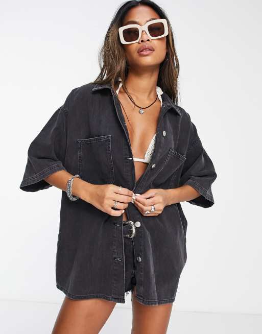 Topshop - Lichtgewicht denim overhemd in zwart met wassing, deel van co-ord set 