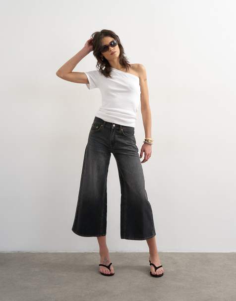 Topshop light weight wide crop jean in washed black - view 1