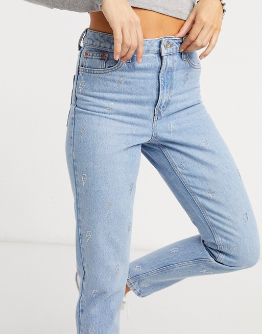 Topshop lightning detail Mom jeans in bleach stone wash