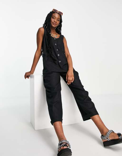 Black Button Down Jumpsuit with Pockets