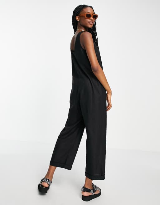 Topshop lightweight button through jumpsuit with pockets in black