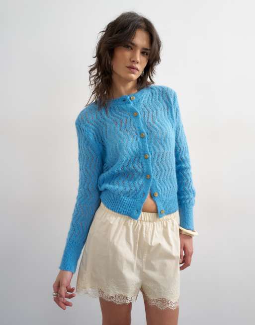 Topshop lightweight pointelle cardigan in blue , 2 of 4