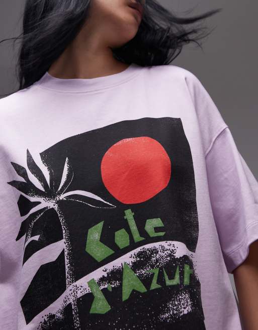 Topshop – Lila, boxig t-shirt i jersey med Cote d'Azur-tryck, 3 av 4