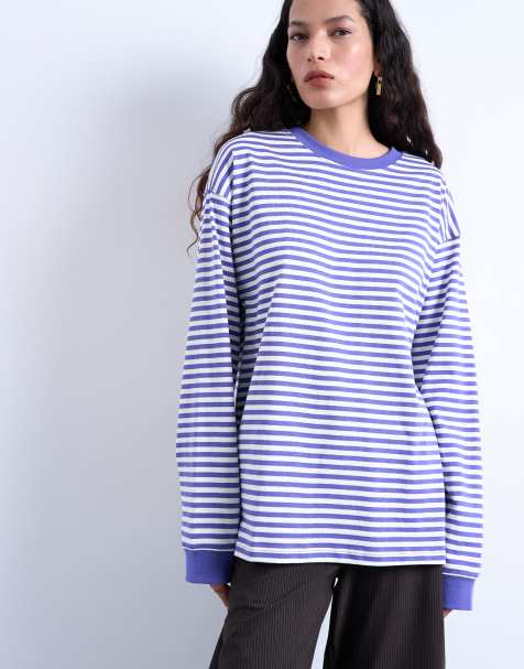 Topshop – Lila, randig skater-t-shirt i slouchy stil med långa ärmar - view 1