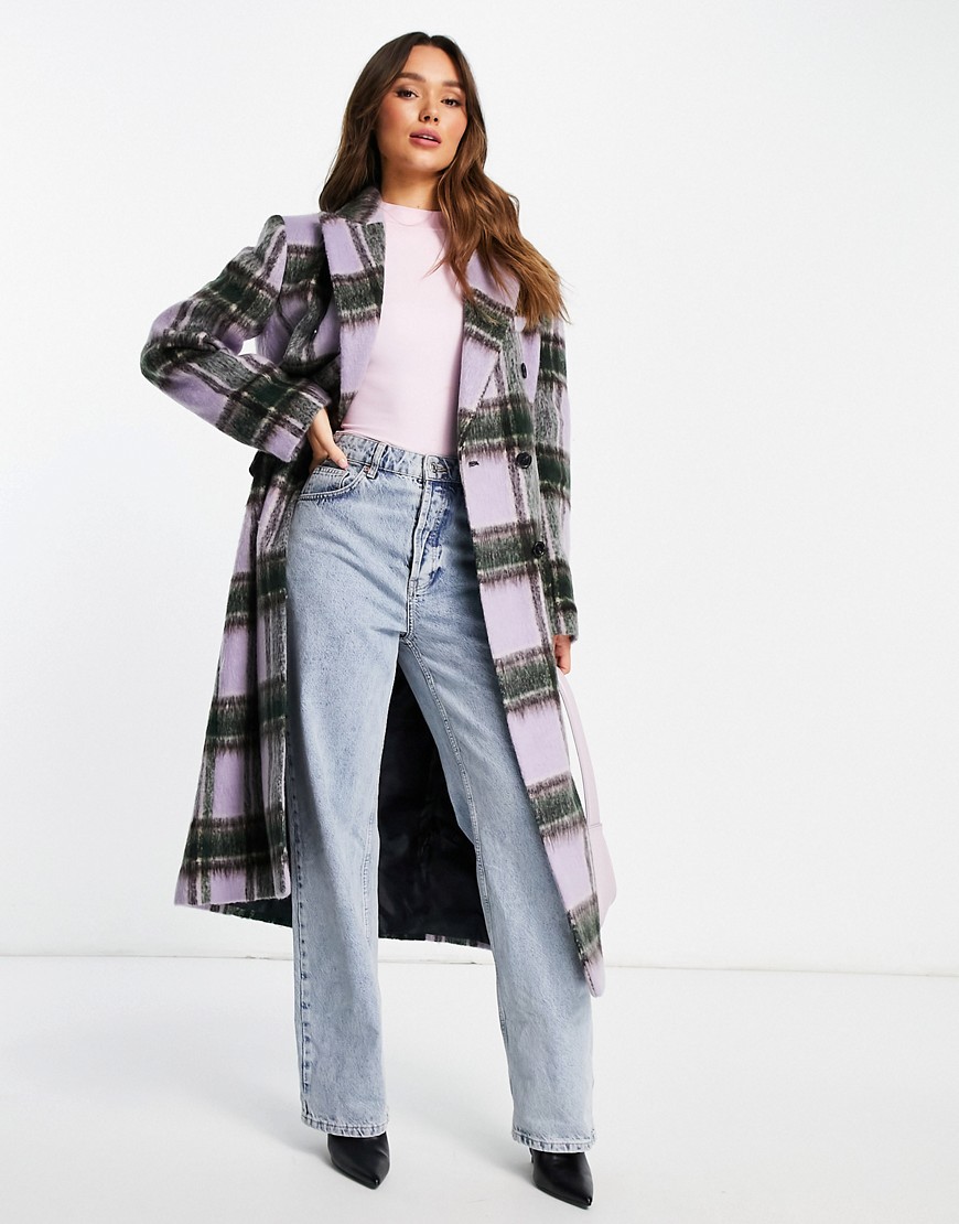 Topshop lilac check double breasted long coat in lilac-Purple