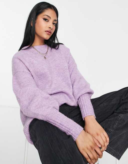 Topshop – Liliowy dzianinowy sweter z okrągłym dekoltem