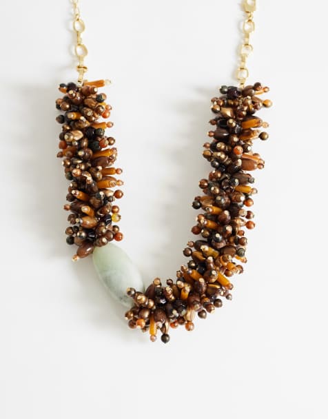Topshop – Lillian – Brunt och salviagrönt statement-halsband med halvädelstenar - view 1