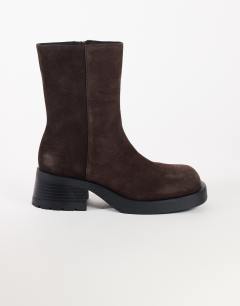 Model wearing Lillian real suede chunky ankle boot in chocolate
