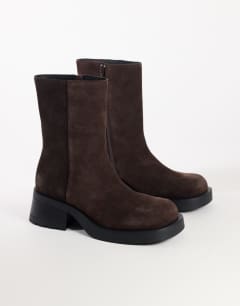 Model wearing Lillian real suede chunky ankle boot in chocolate