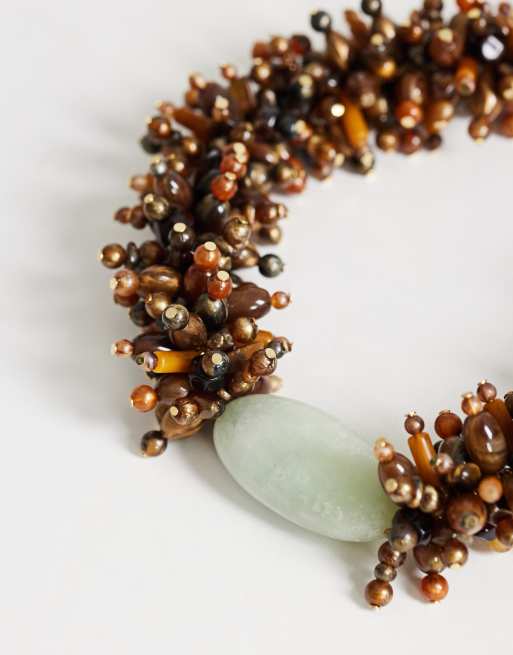Topshop Lillian statement semi precious beaded necklace in brown and sage, 3 of 4
