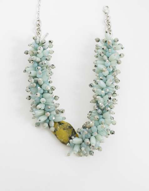 Topshop Lillian statement semi precious beaded necklace in silver and blue - view 1