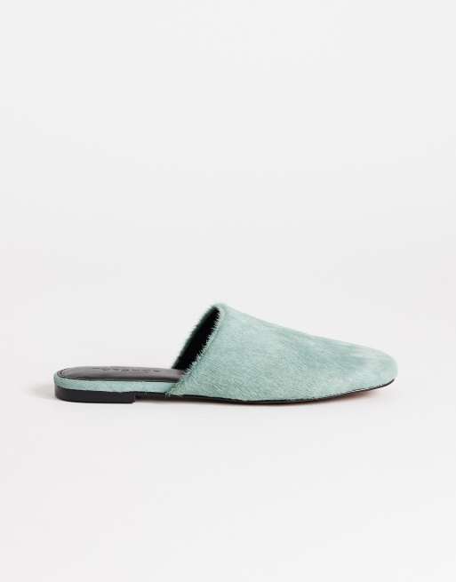 Topshop Lillie real hair on leather round toe flat shoe in aqua, 2 of 4