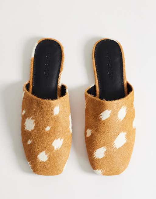 Topshop Lillie round toe flat shoe in deer print hair on real leather , 2 of 4