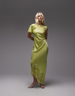 Topshop - Limegrøn midikjole med påsat skulder og blondeindsats - view 1