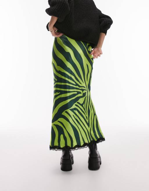 Topshop - Limegrøn midinederdel med zebraprint og sort blondekant i satin , 2 af 4