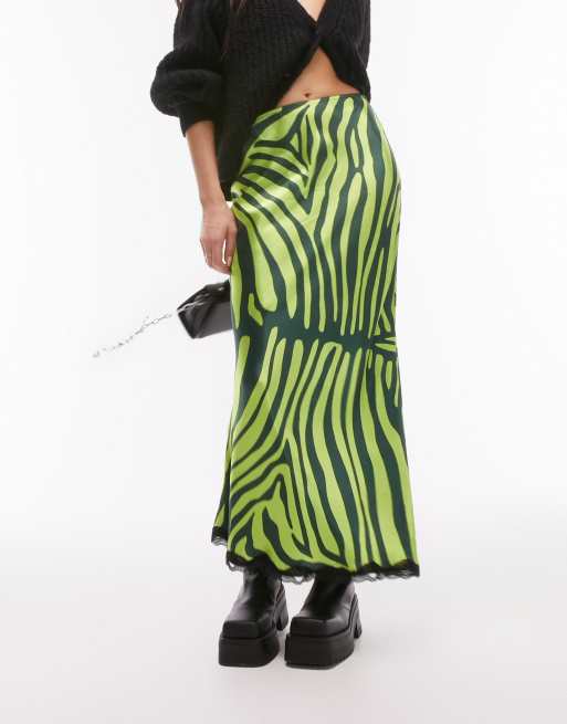 Topshop - Limegrøn midinederdel med zebraprint og sort blondekant i satin , 3 af 4