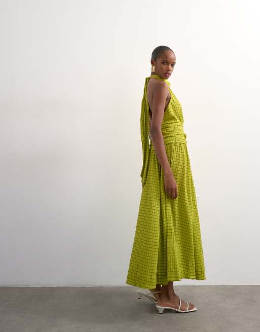 Topshop – Limegrön, brunrutig maxiklänning med halterneck och sänkt midja, 3 av 4