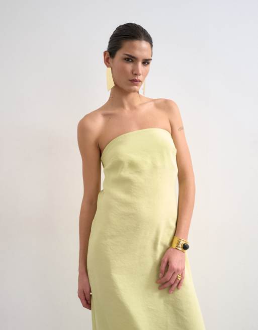 Topshop – Limegrön midiklänning med bandeau-ringning och draperad rygg, 2 av 4