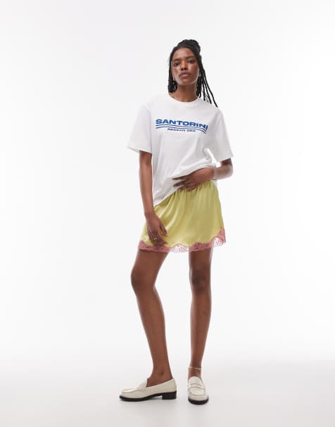 Topshop – Limegrön minikjol i satin och underkjolsdesign med rosa spets - view 1
