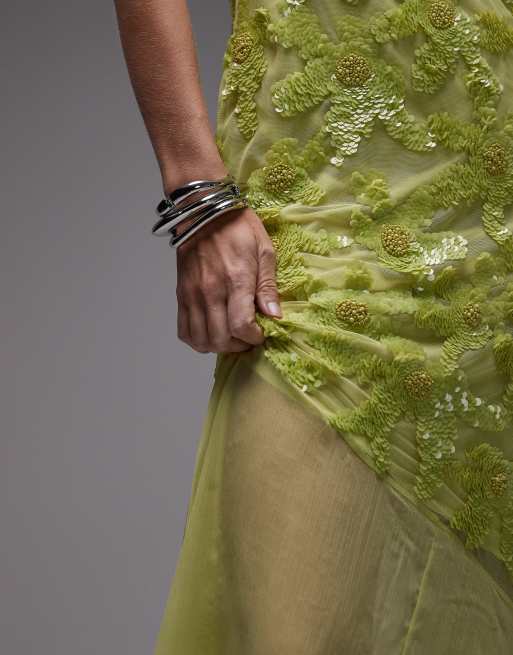 Topshop – Limegrön, utsmyckad slipklänning med klockad kjol, 2 av 4
