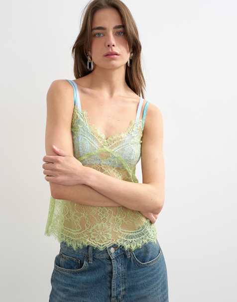 Topshop – Limegrönt linne i spets med blå kantränder - view 1