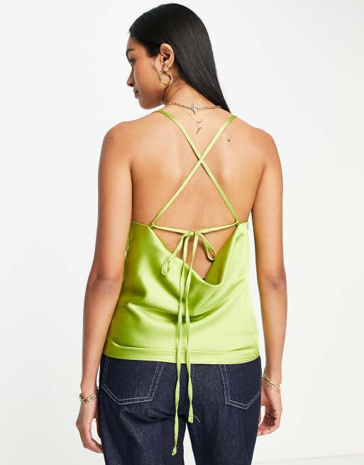 Topshop – Limegrönt snedskuret linne i satin med draperad ringning, 2 av 4