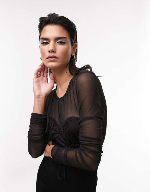 Topshop Limited Edition bust detail corded bodysuit in black