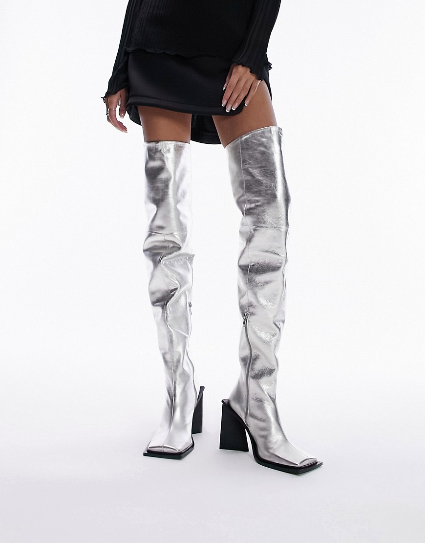 Topshop Limited Edition Freya Premium Leather Thigh High Square Toe Boots In Silver