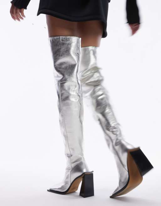 ASOS Design Cali Premium Leather Wedge Knee Boots in Silver