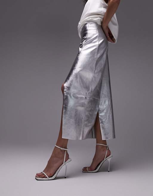 Metallic leather outlet midi skirt