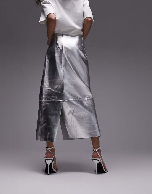 Metallic leather midi skirt hotsell
