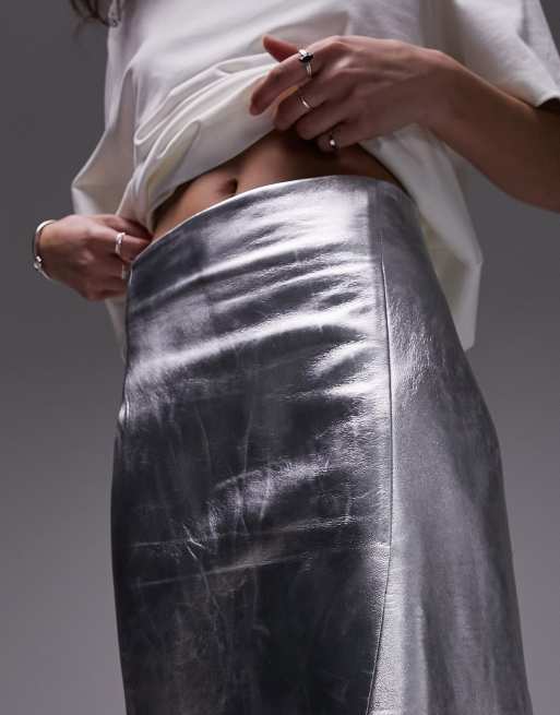 Metallic Faux Leather Midi Skirt