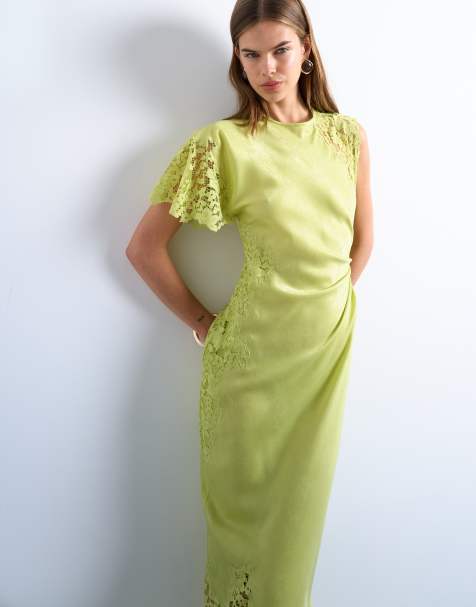Topshop lace insert grown on shoulder midi dress in lime