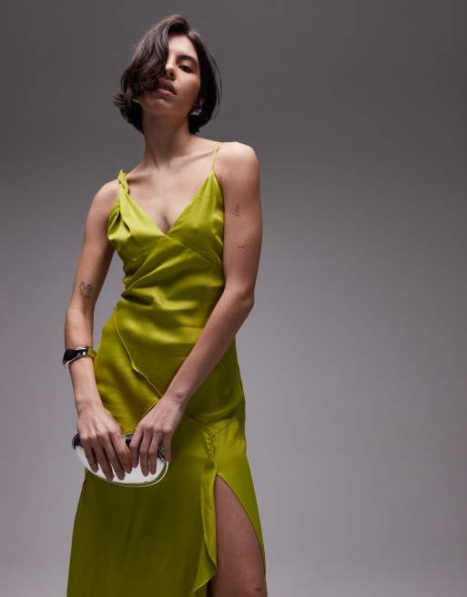 Topshop – Limonkowozielona sukienka midi na skręconych ramiączkach z wyeksponowanymi szwami