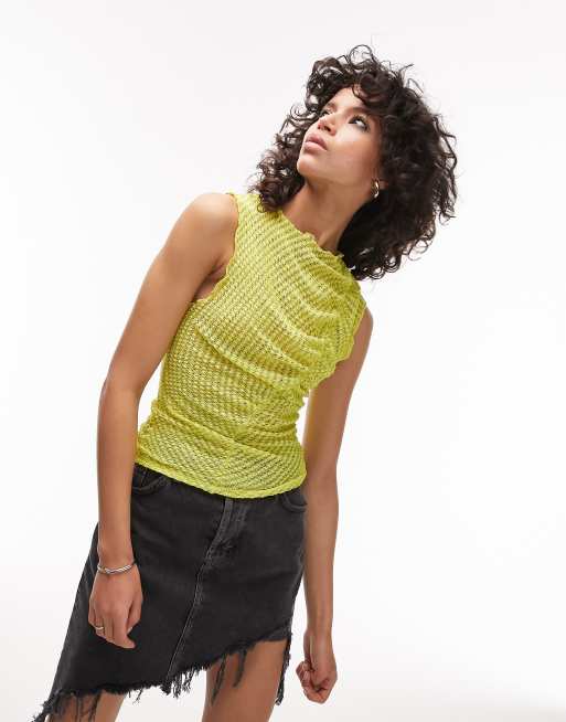Topshop – Limonkowy asymetryczny podkoszulek z fakturowanego, marszczonego materiału