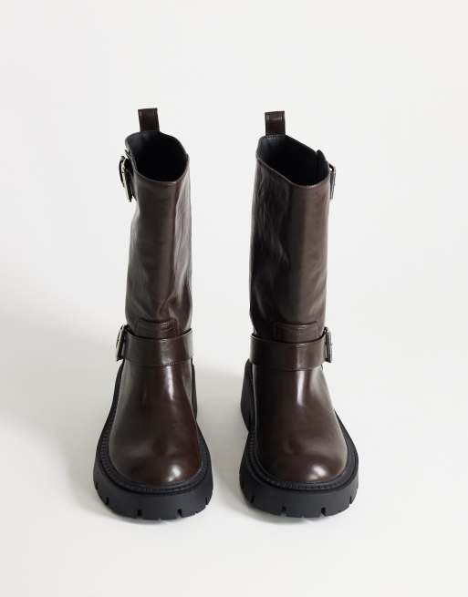 Topshop Lincon chunky kuitlaars met gespen in chocoladebruin, 3 van 4