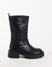 Topshop Lincon chunky mid calf boot with buckles in black