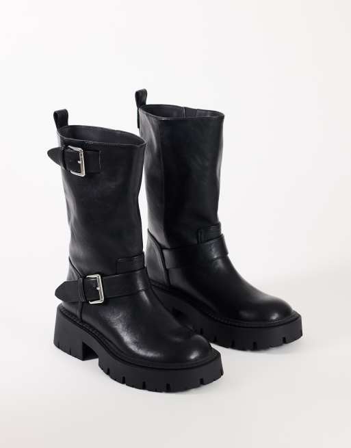 Topshop Lincon chunky mid calf boot with buckles in black, 2 of 5