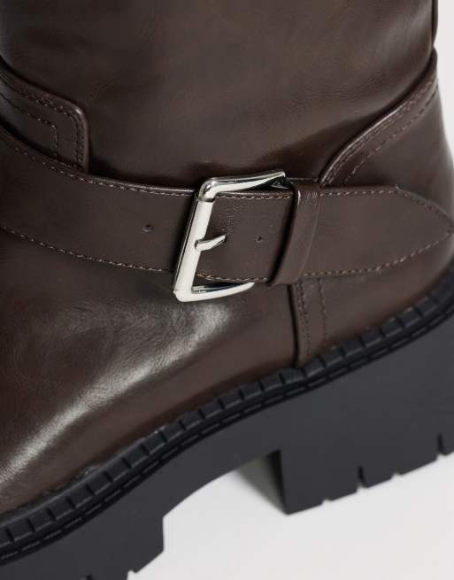 Topshop Lincon chunky mid calf boot with buckles in choc, 4 of 4